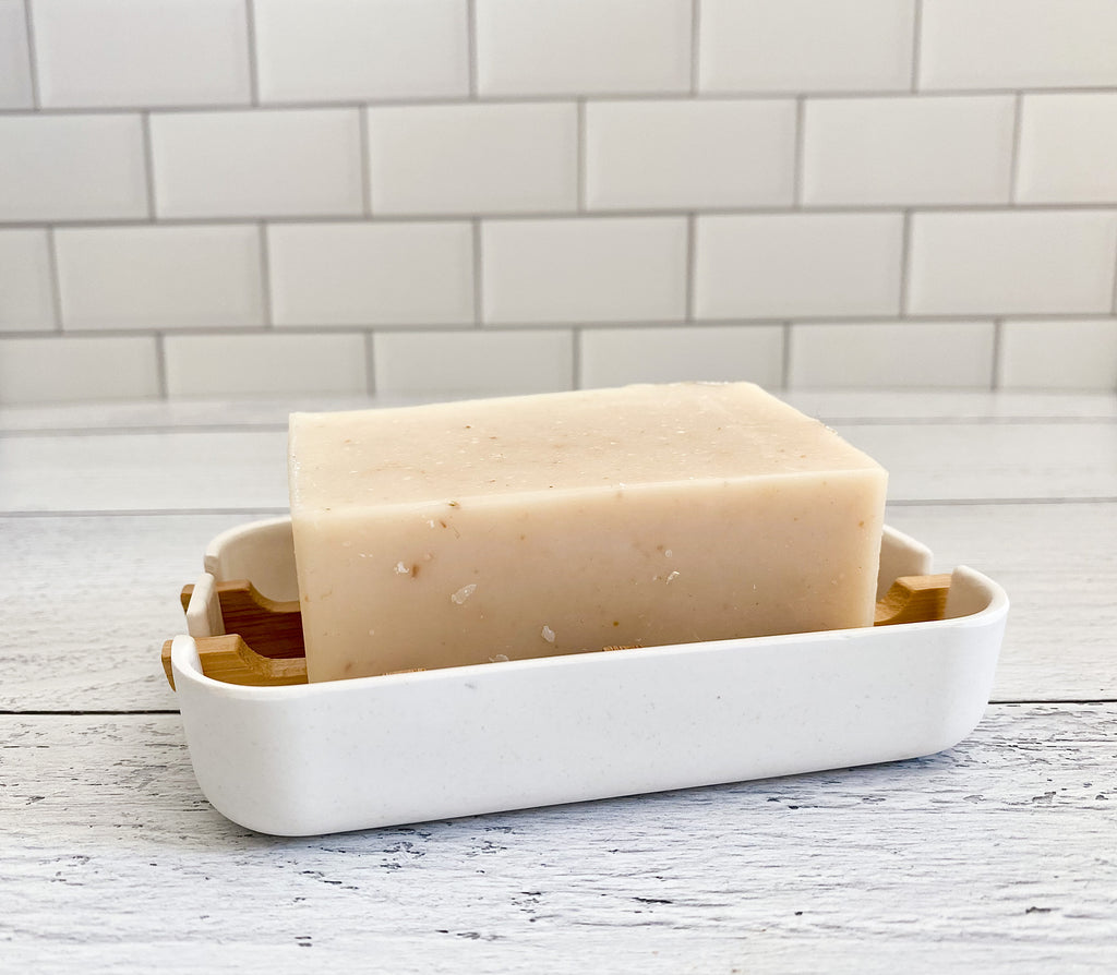 Bamboo and White Soap Dish with Oatmeal Soap